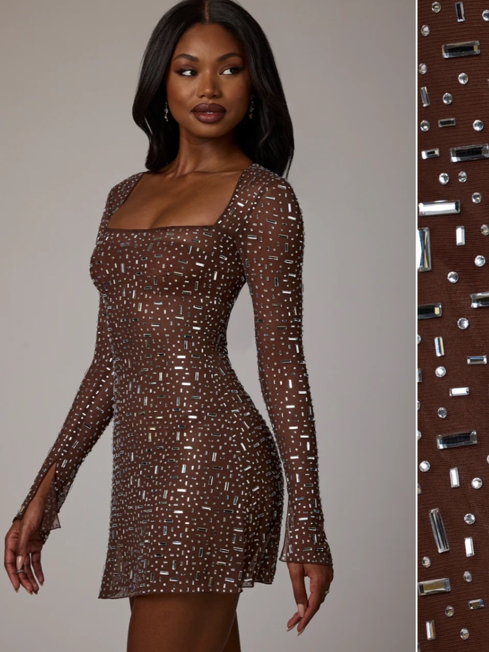 Oh Polly Brown Embellished Square-Neck Sheer Mini Dress with under dress include
